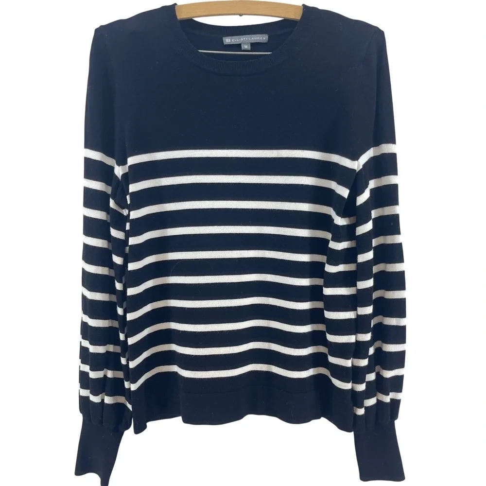Elliott Lauren Striped Puff Sleeve Crewneck Sweater Womens M Black White Preppy